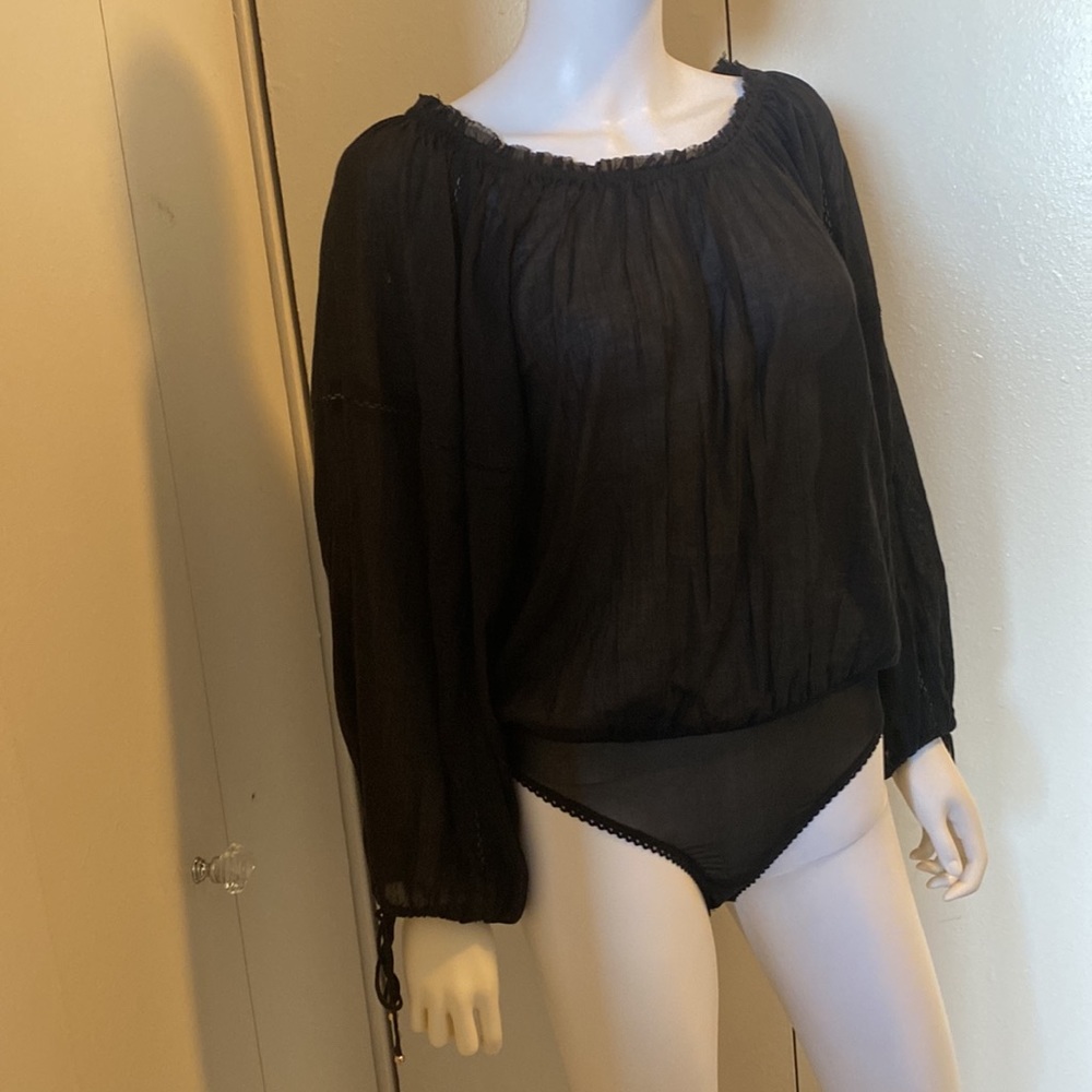 Free People Intimates Bodysuit Black Off Shoulder Long Puff Sleeve Shirt XS NWT - Picture 4 of 14